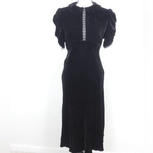 Vivienne Tam Black Velvet Peter Pan Collar Rhinestone Puff Sleeve Size 2 Dress